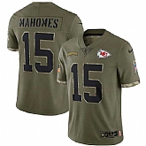 Men's Kansas City Chiefs #15 Patrick Mahomes 2022 Olive Salute To Service Limited Stitched Jersey,baseball caps,new era cap wholesale,wholesale hats